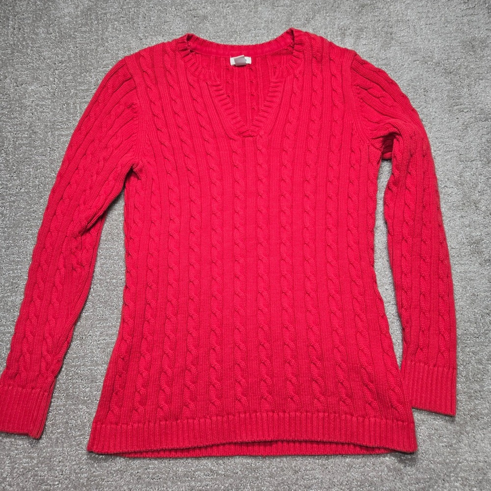 LL Bean Womens Red Cable Knit Sweater 100% Cotton Notch V-Neck Medium 286482